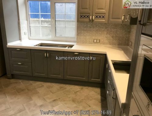 Белая угловая столешница из акрилового камня на заказ для кухни
